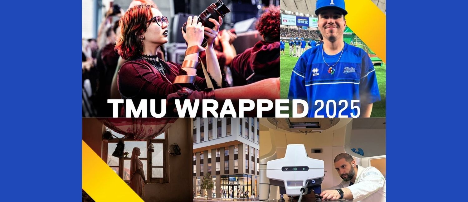 A collage of images from TMU stories of the year with text that reads "TMU Wrapped 2025".